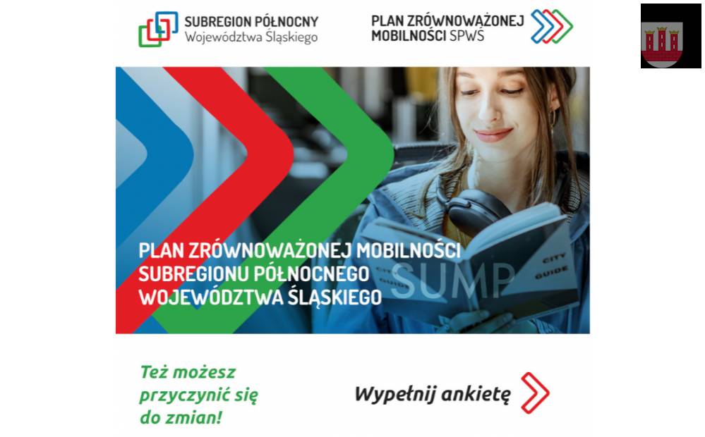 : Baner zachęcający do wypełnienia ankiety dotyczącej Planu Zrównoważonej Mobilności dla Subregionu Północnego Województwa Śląskiego.